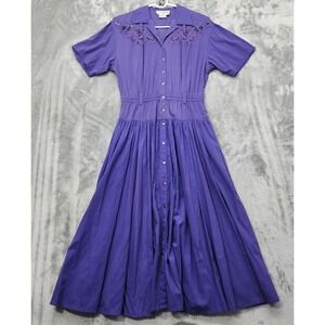 Vintage TOGETHER! Dress Womens 8 Purple Button Front Midi Short Sleeves Western